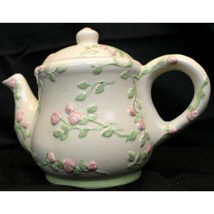 Floral Pink Teapot Tart Warmer Tealight Candle Holder Rose Romantic Cottage Whit